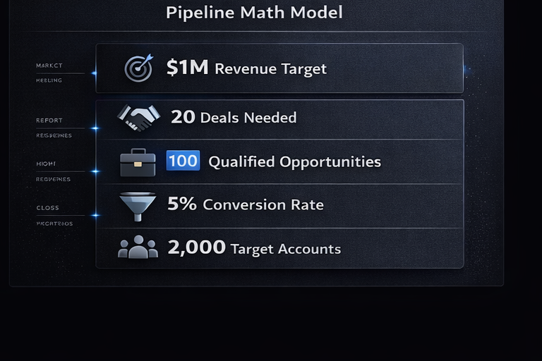 GTM pipeline math framework showing how to work backwards from revenue targets to pipeline volume, conversion rates, and account coverage